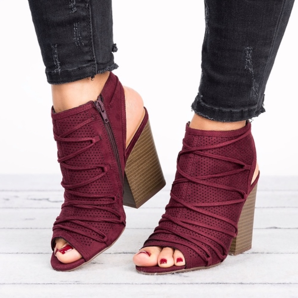 Burgundy Red Perforated Peep Toe Ankle Bootie - Picture 3 of 3
